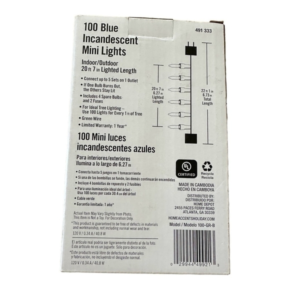 NIB HOME ACCENTS 100 Blue Incandescent Mini Lights String INDOOR /OUTDOOR Lights - Picture 4 of 4